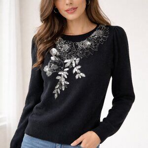 Vintage Franco Valeri Lambswool Angora Beaded Floral Sequin Black Sweater M/L